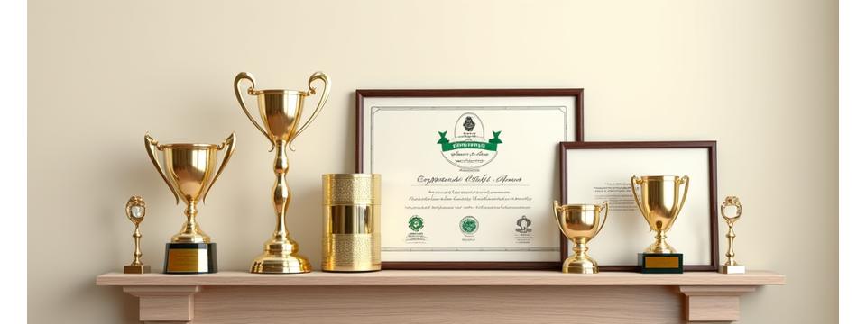 Various awards and certifications displayed prominently on a wooden shelf, bathed in soft, professional lighting, signifying recognition and credibility.