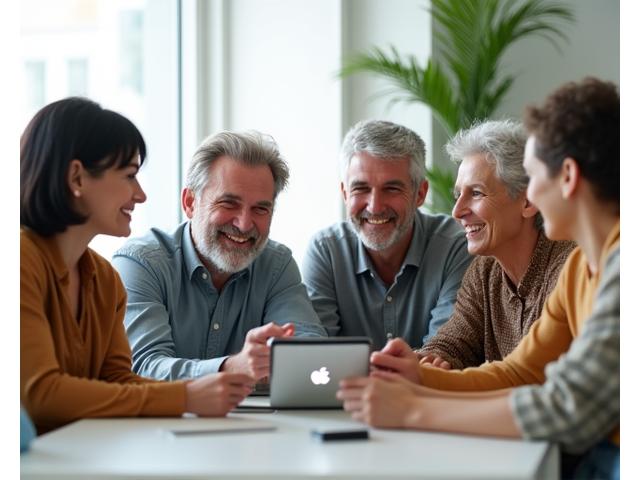 Diverse group of adults smiling and engaging in discussion in a bright, modern setting