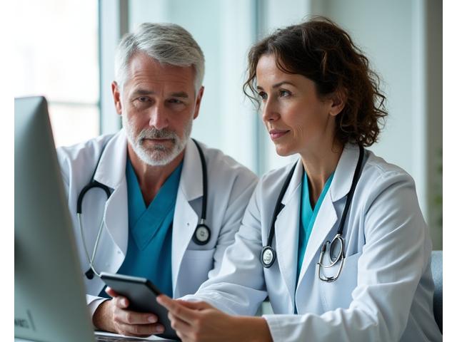Two certified health professionals, one male and one female, smiling while reviewing community posts on a tablet