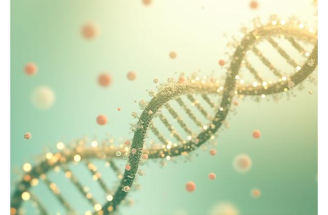 Illustration of intertwining DNA strands and nutrient molecules