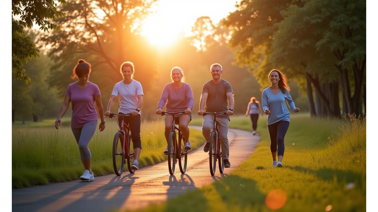 Diverse group of adults over 35 engaging in various wellness activities like yoga, hiking, and mindful eating, illustrating personalized paths to health.