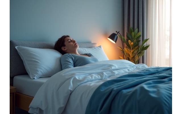 A restful bedroom scene with soft lighting and a person sleeping peacefully, symbolizing optimal sleep.