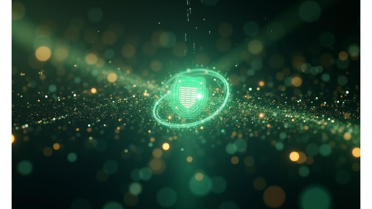 Abstract depiction of digital security protecting sensitive health data, with interlocking shields and glowing data streams in soothing green and brown tones.