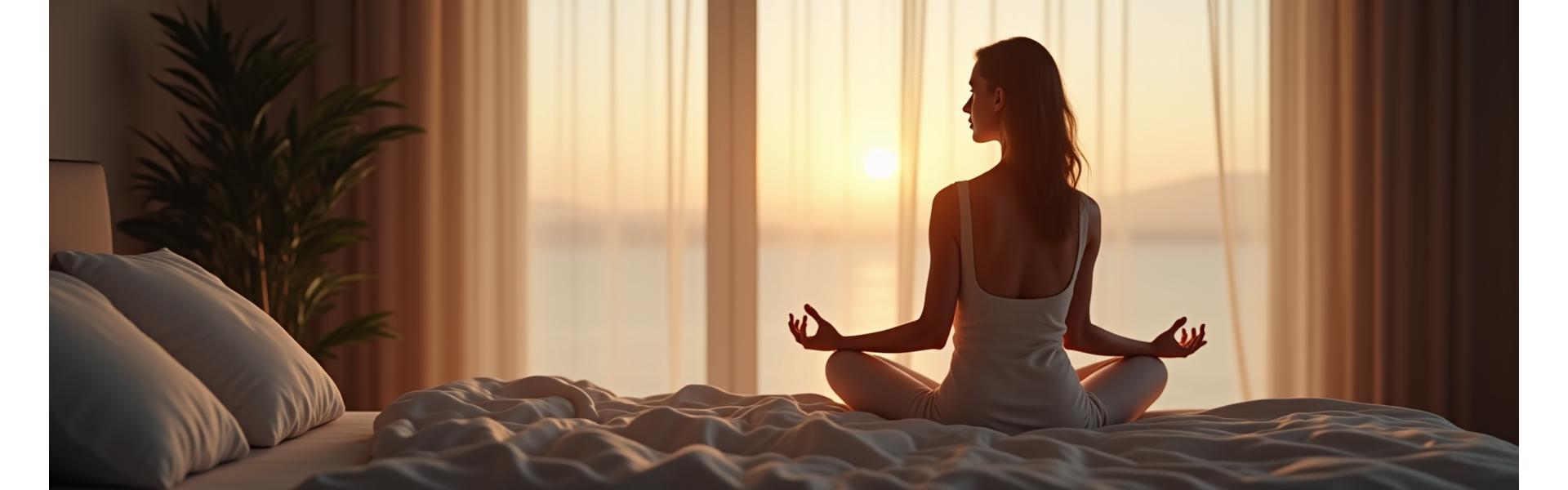 Serene woman meditating under soft light, representing peace and calm amidst stress with elements of gentle sleep. Focus on an adult, 35+ demographic.