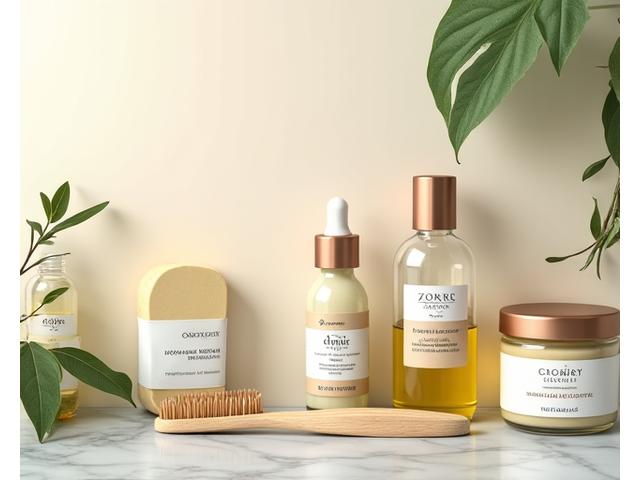 Assortment of natural, organic personal care products in glass and bamboo containers