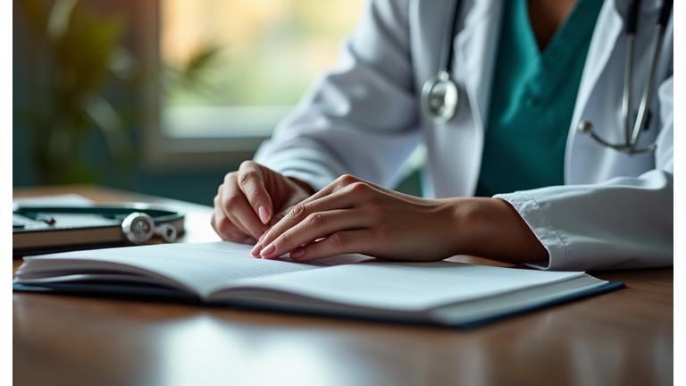 A healthcare professional's hands holding a tablet with a digital health record, emphasizing the importance of professional medical consultation and clear disclaimers.