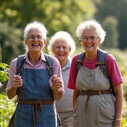 A diverse group of vibrant, active seniors (60+) enjoying an outdoor activity like light hiking or gardening, laughing and interacting, symbolizing joyful longevity. Bright, natural lighting, conveying vitality and connection. Colors from primaryLight and secondaryLight palettes.