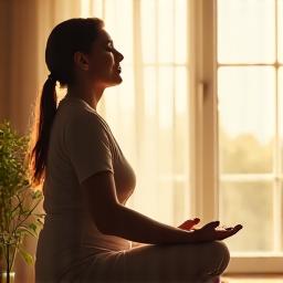 A person in their 40s meditating peacefully by a sunlit window, a gentle smile on their face, surrounded by subtle, calming elements like a plant or a quiet art piece. Soft, diffused lighting, conveying tranquility and inner peace, with blues and greens from the primary palette dominating.