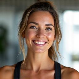 Professional headshot of Sara Jenkins, a female certified fitness coach in her late 30s, exuding energy and enthusiasm. Dynamic, light-filled background, suggesting movement. Dominant color: accent orange and muted blues.