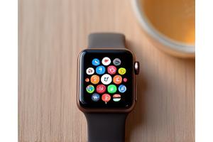 A modern smartwatch displaying multiple health and app icons.